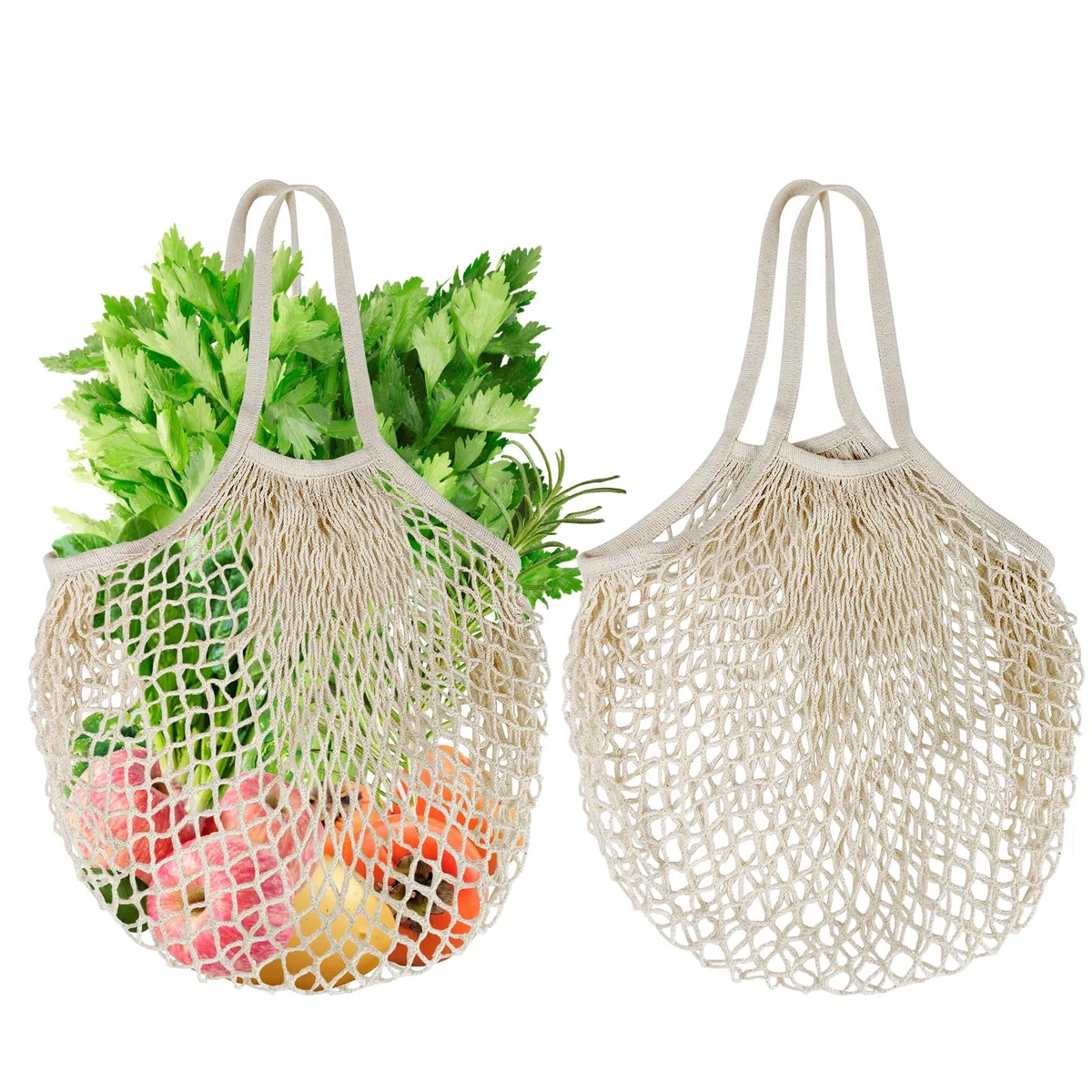 2 Pezzi Sacchetti in Rete Riutilizzabili per La Spesa,in Cotone, Con Manico Lungo, Borse per La Spesa Lavabili in Corda di Cotone Organico, per Conservare Frutta, Verdura, Vibo,Beige