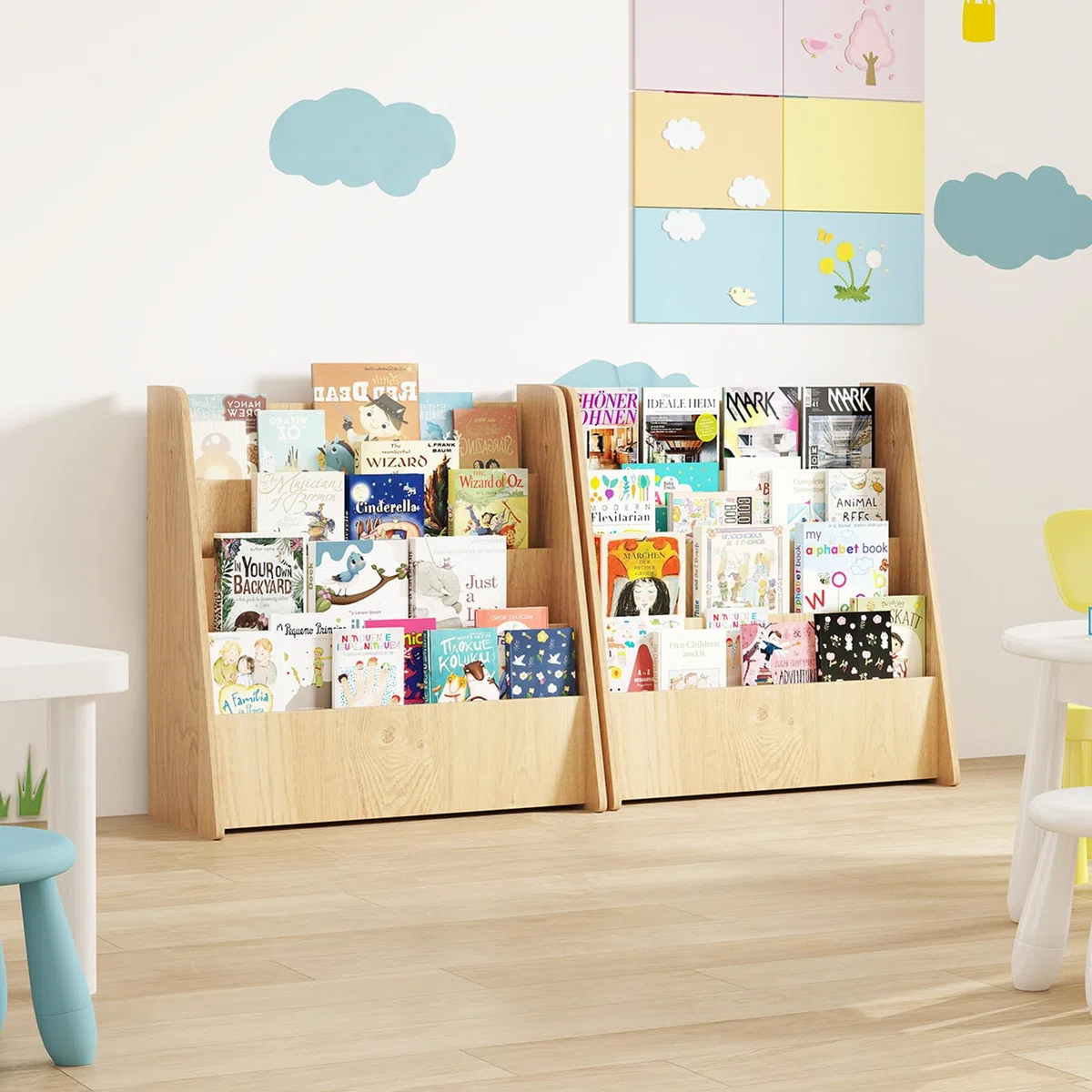 GYMAX Libreria per Bambini in Legno a 4 Ripiani, Scaffale per Libri con Ripiani Profondi, Espositore per Libri, per Cameretta dei Ragazzi, Soggiorno, Asilo Nido, 57,5 x 26,5 x 59 cm (Naturale)