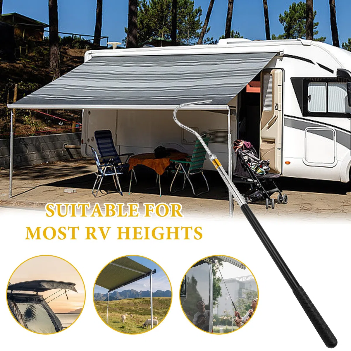 Asta telescopica con gancio 41cm-150cm Apritenda telescopico con gancio Gancio di trazione per scale retrattili, Asta telescopica Gancio a serpente, per camper, Accessori portatili