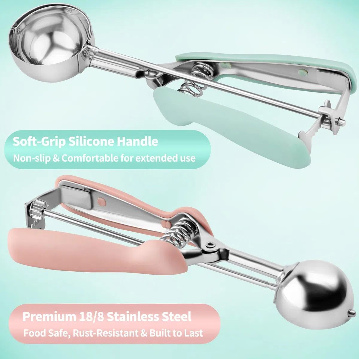 Set di 2 Porzionatori per Gelato e Impasto Biscotti in Acciaio Inox 18/8, Cucchiaio Dosatore con Impugnatura Morbida Ergonomica e Sistema a Molla per Cupcake, Muffin, Polpette - Rosa & Verde Menta