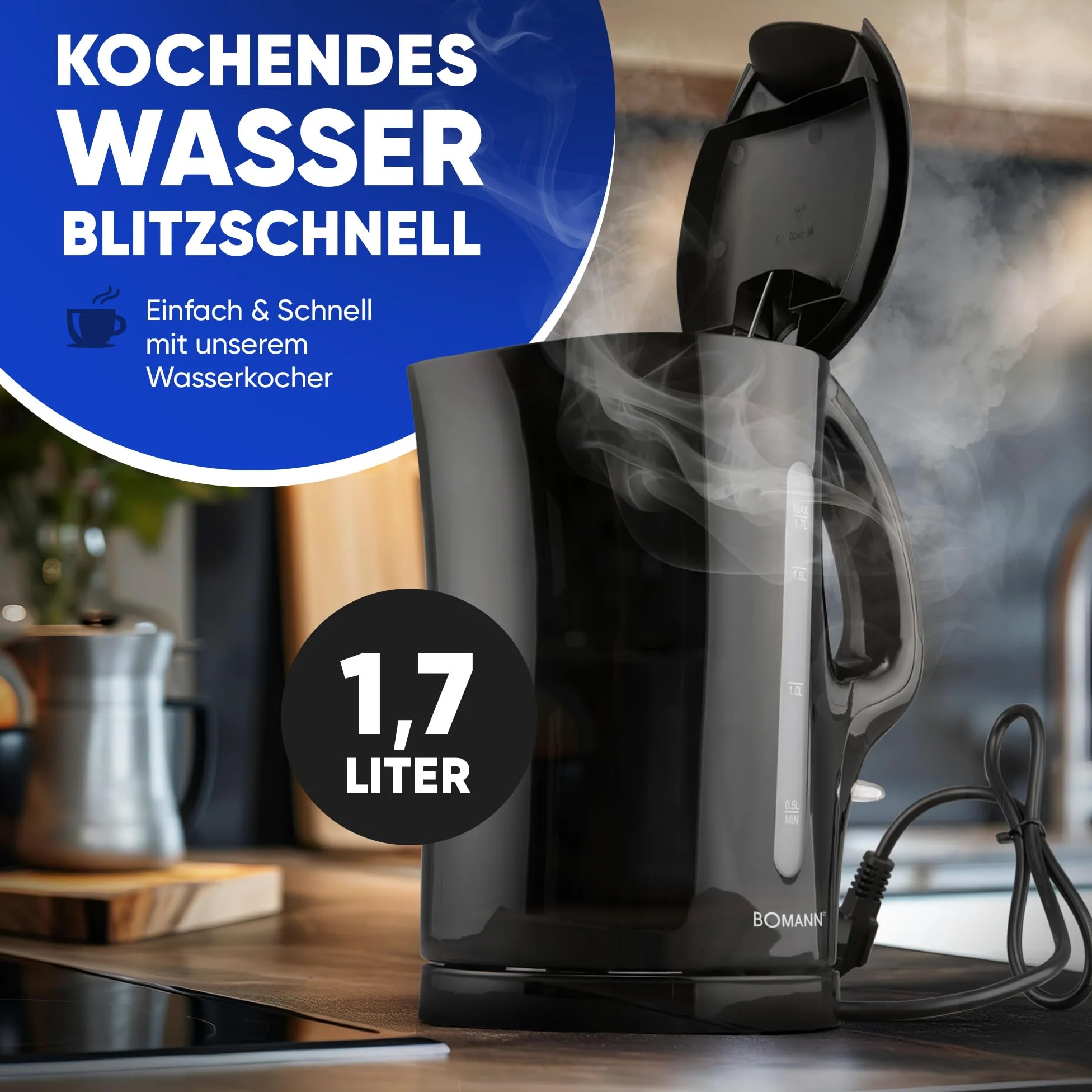Bollitore 1,7 L 2200 W Nero Bomann WK6079CB-Nero