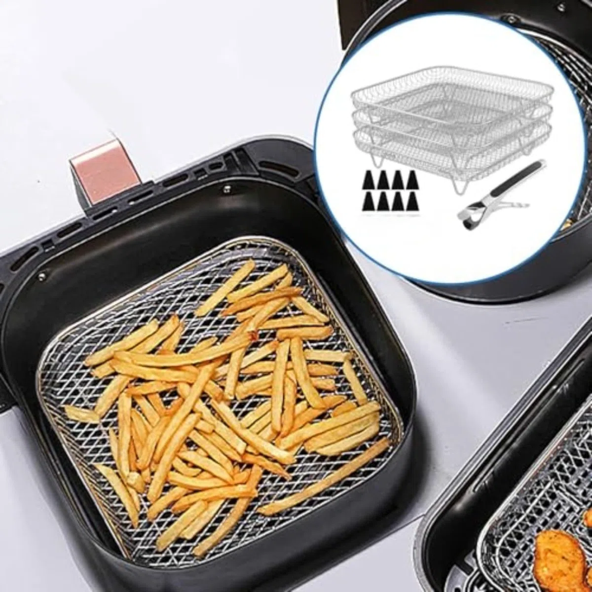 Griglia per friggitrice ad aria in acciaio inox a 3 livelli, 20,3 cm, impilabile, con pinze, da cucina, argento