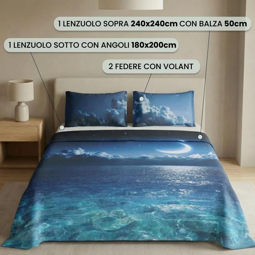 INTRECCI Set Completo Lenzuola Matrimoniali 100% Cotone | Fantasia: Dis.04 Sea Moon | Stampa Digitale di Alta Qualità | Morbido, Traspirante, Per Pelli Sensibili | Resistente in Lavatrice