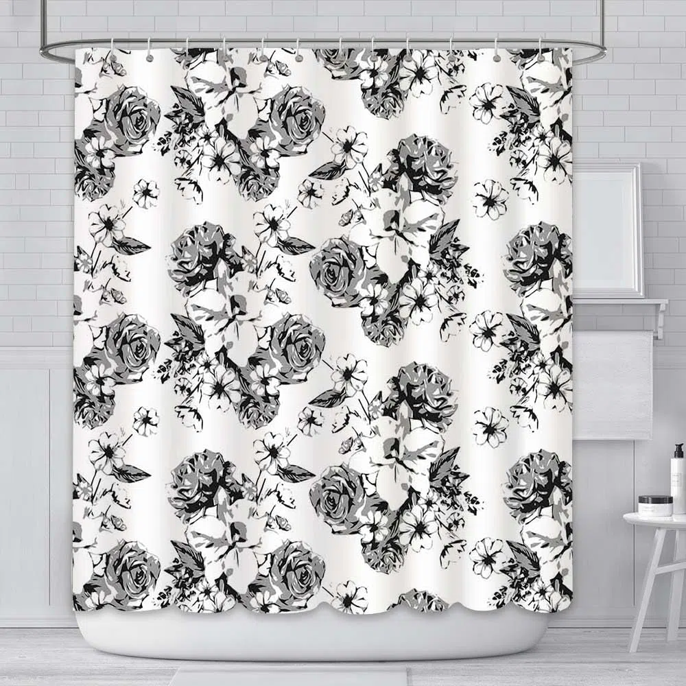 AIBIIN Tenda da doccia con fiori vintage, 180 x 180 cm, colore bianco e nero, tenda da bagno botanica per bagno, in poliestere resistente, con 12 ganci