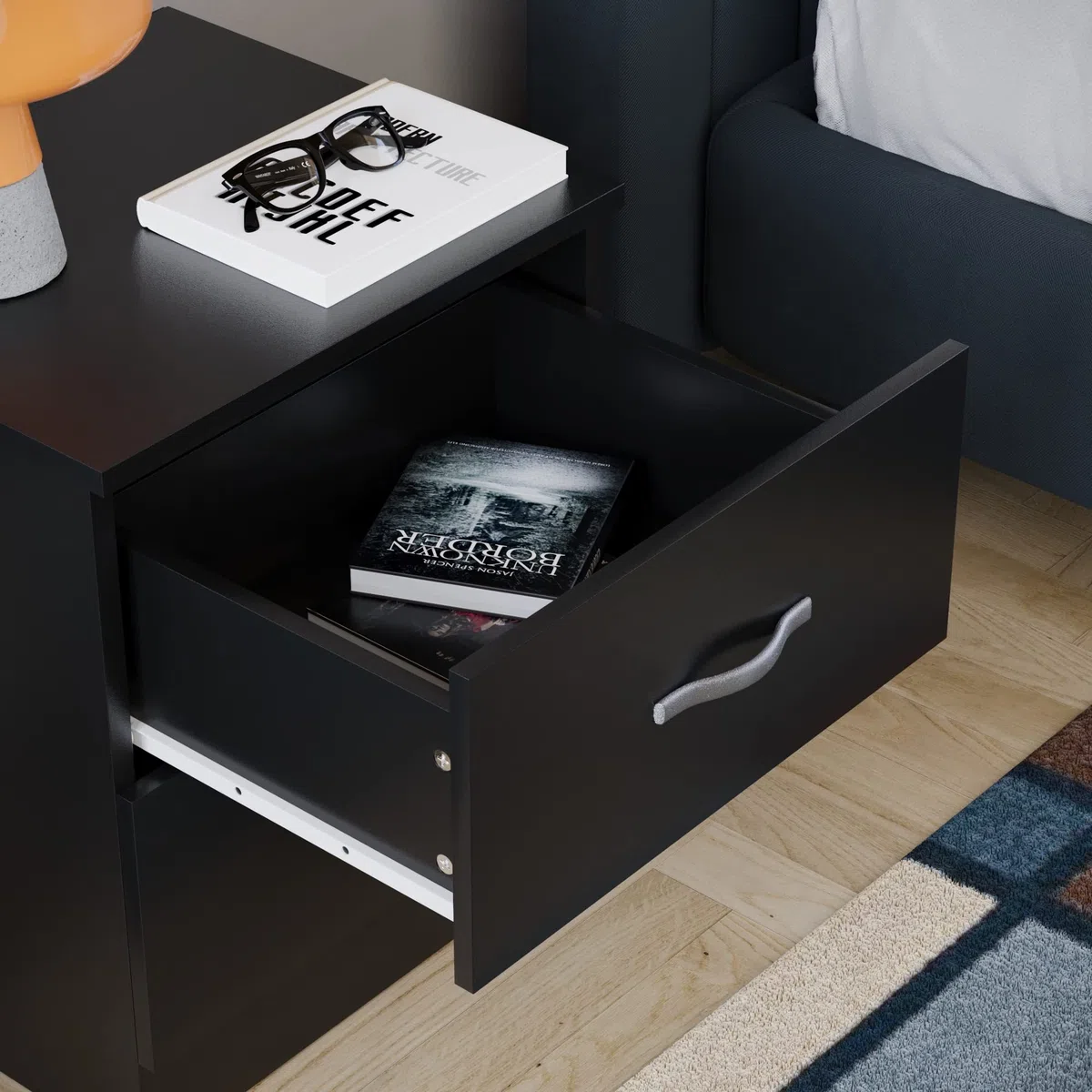 Vida Designs, Comodino con 2 cassetti, Maniglie in Metallo e Guide, Sistema Unico Anti-ribaltamento, per Camera da Letto, Colore Nero
