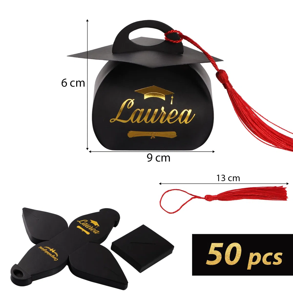 50pz Scatole Bomboniere Laurea Portaconfetti Con Cappello e 50pz Nappe Rosse Scatola Tocco Decorazione per Confetti Regalo Congratulazioni