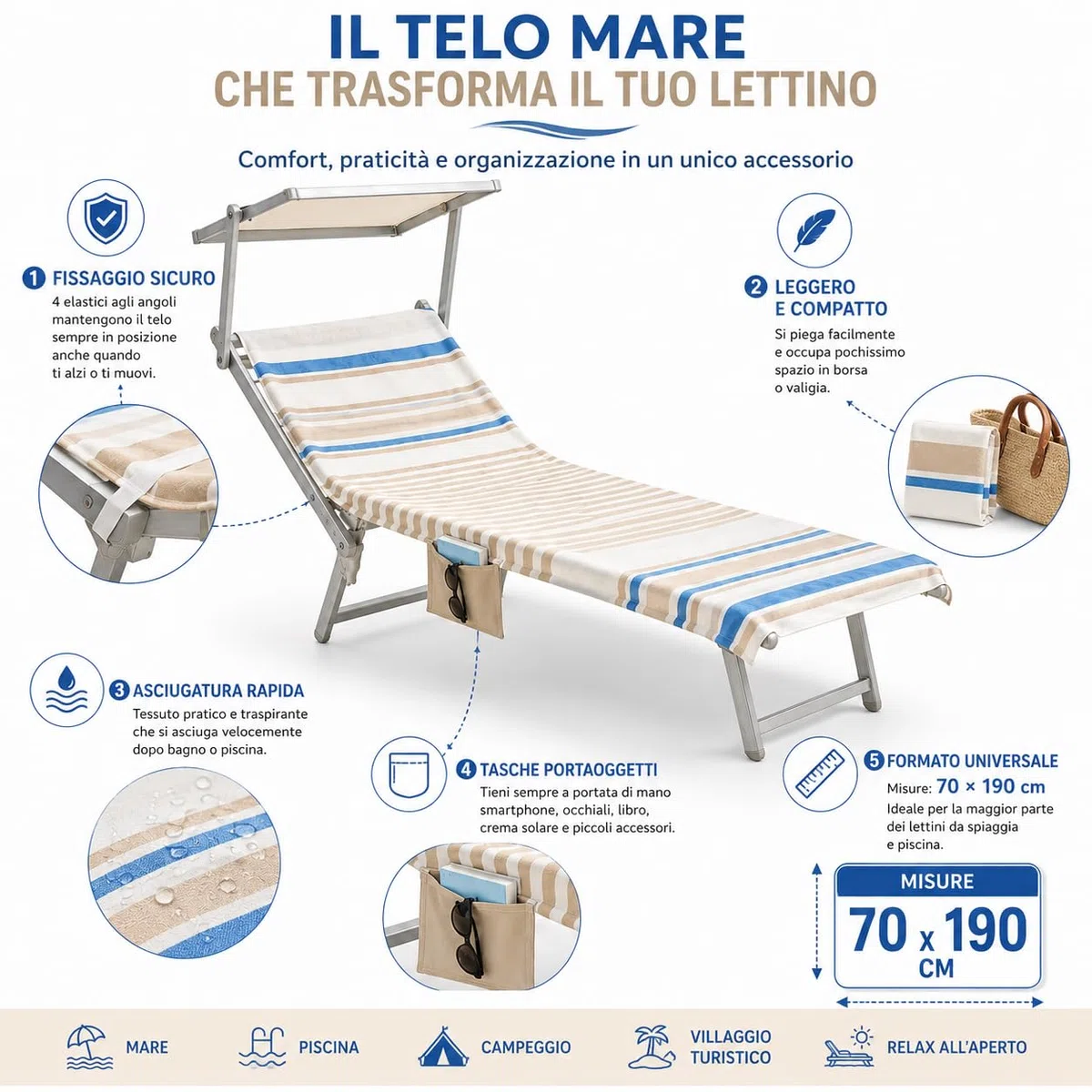 EASY HOME, Telo Mare Con Elastici, Telo Copri Lettino, in Cotone, Con Tasche Laterali Porta Oggetti, 70x190 cm, Adatto al Mare o in Piscina, Leggero, Compatto, Salvaspazio, A righe