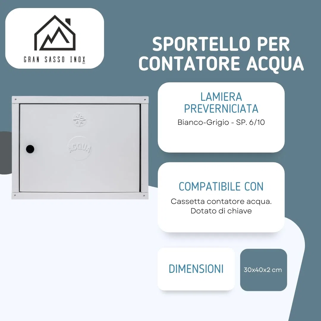 Sportello per Contatore Acqua in Lamiera Preverniciata Bianco-Grigio con Serratura – Spessore 6/10 – Dimensioni 30x40x2cm – Dotato di chiave