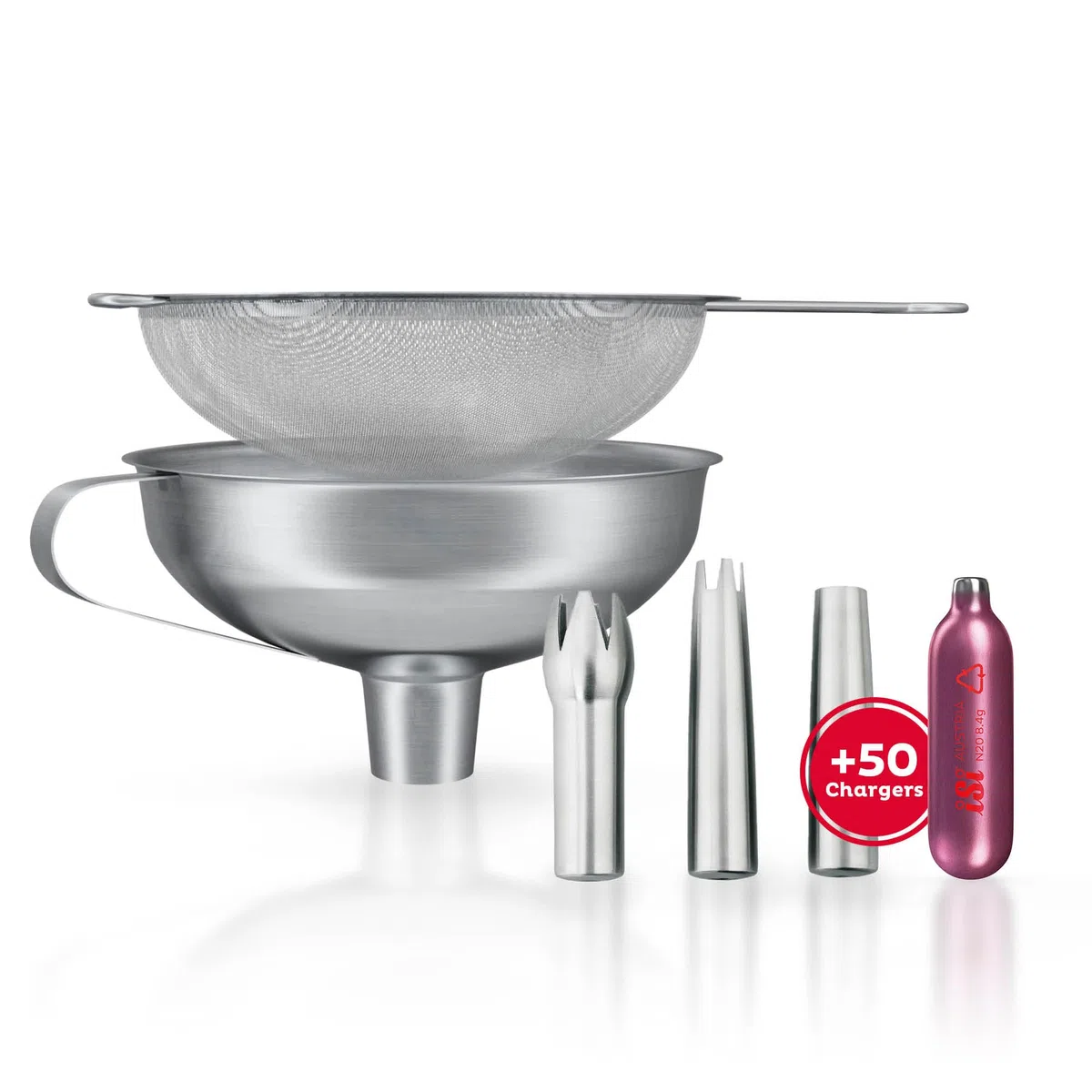 iSi Set di Accessori per sifone da Panna con 3 beccucci in Acciaio Inox + Imbuto da 750ml + setaccio + 50 Capsule per Panna - Compatibile con Gourmet Whip, Thermo Whip & Cream Profi Whip