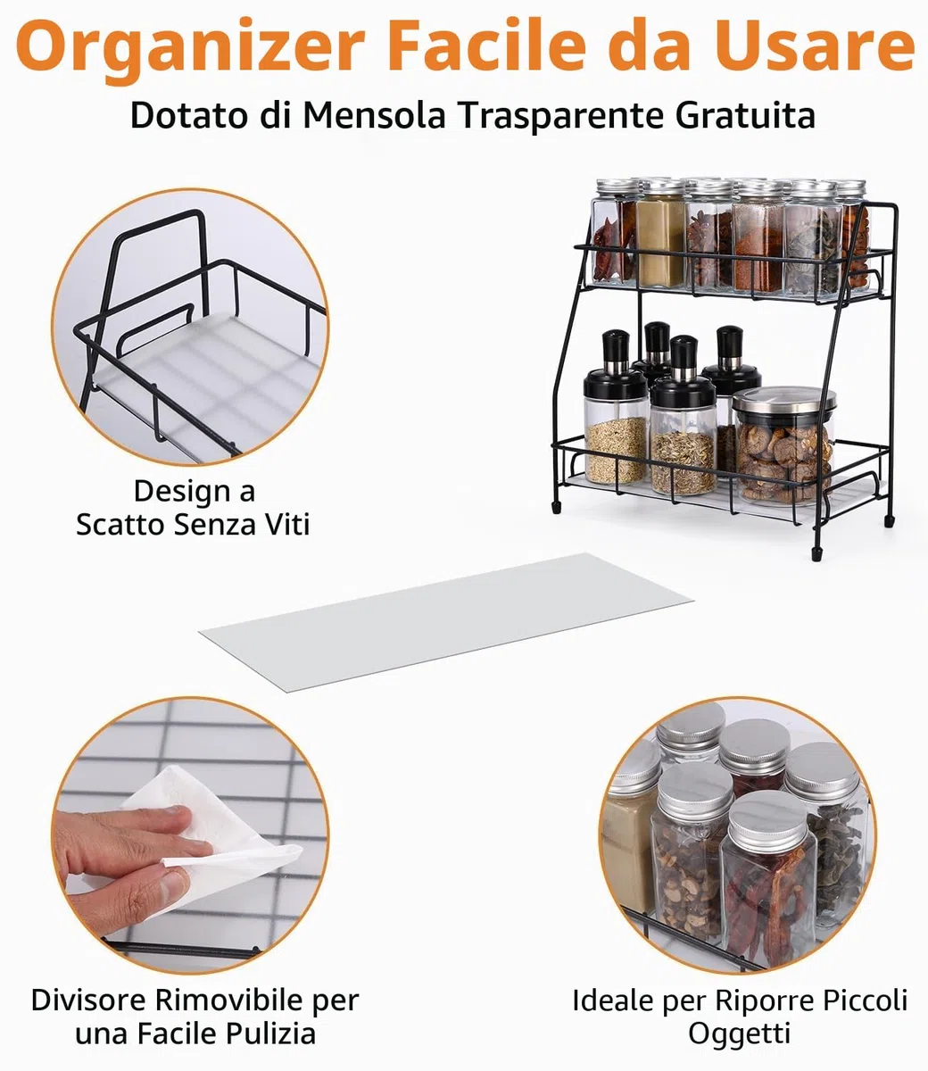 Porta Spezie per Cucina, Organizer Cucina in Metallo, Porta Spezie Salvaspazio, Alzatina Spezie Moderna, Ripiani Pratici Salvaspazio per Oggetti e Bagno, Portaspezie Ideale per Spazi Ridotti