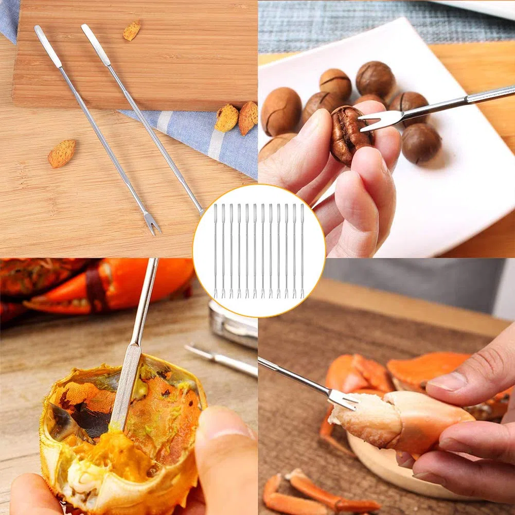 Attrezzi per Frutti di Mare Set, 12PCS Frutti di Mare Forcelle Forchetta per Aragosta o Granchio Mandorle, in Acciaio Inox