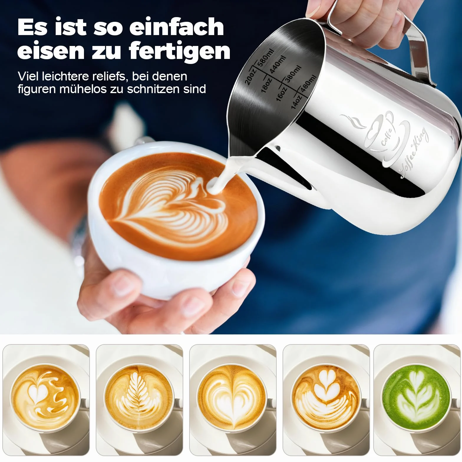 KimKing Lattiera per cappuccino in Acciaio Inox Lattiera Latte Art Silve 60 cl