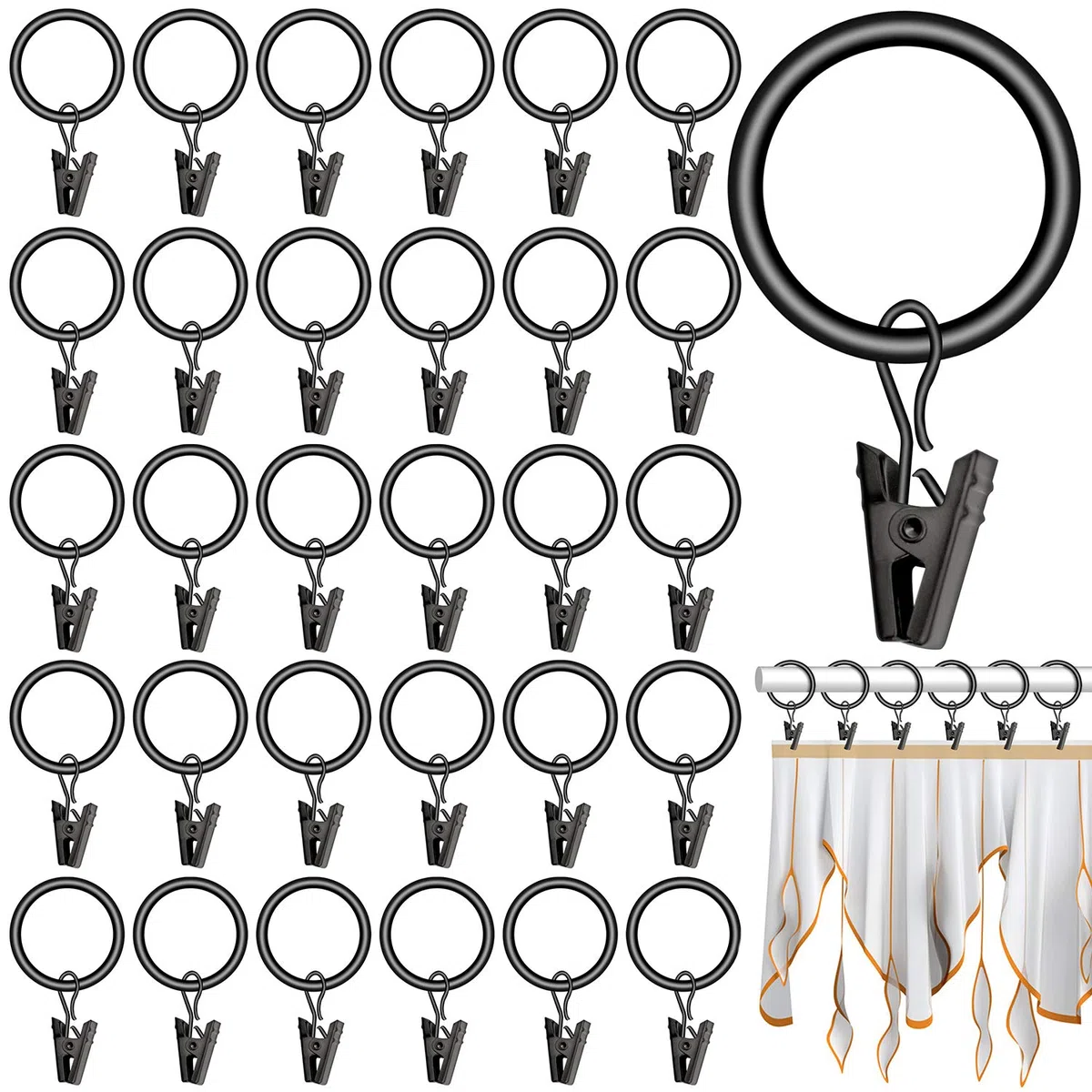 40 Pezzi Anelli Tende con Clip, Metallo Ganci per Tende 25mm Diametro Interno, Anelli per Tende con Ganci, Nero