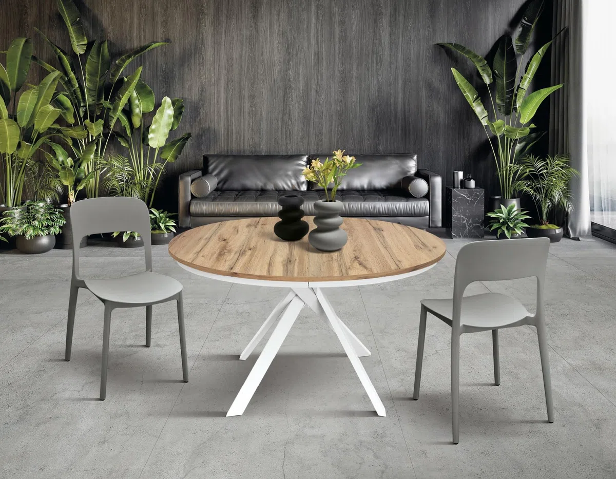 PAZZO DESIGN Tavolo Rotondo Allungabile Gabri, Tavolo Soggiorno, Cucina, Gambe Incrociate Shangay Bianche, Made in Italy, Rovere Rustico, da 120 a 170 cm - id_2177