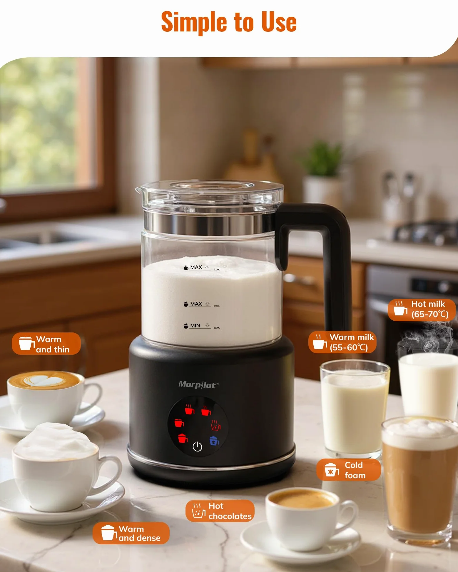 Milk Frother, Morpilot Montalatte Elettrico in Vetro, 6 in 1 Funzione, Capacità 250ml Per Schiumare o 500 ml Per Riscaldare Latte, Design Diviso, Nero