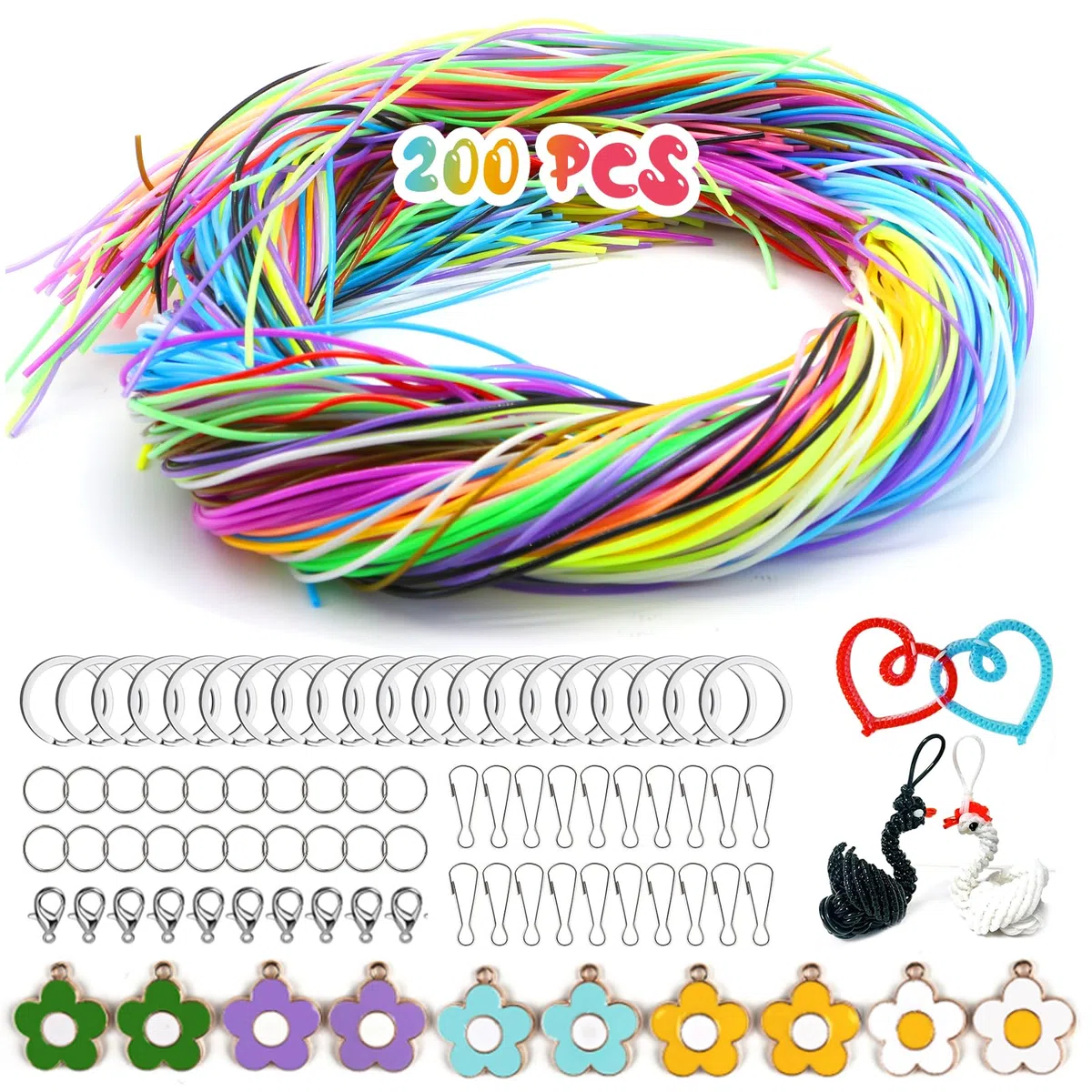 TAVADA Scooby DOO Set di 200 nastri Scoubidou, 20 colori Scoobydoo, per fai da te, con portachiavi e ganci, per gioielli fai da te, collane, portachiavi