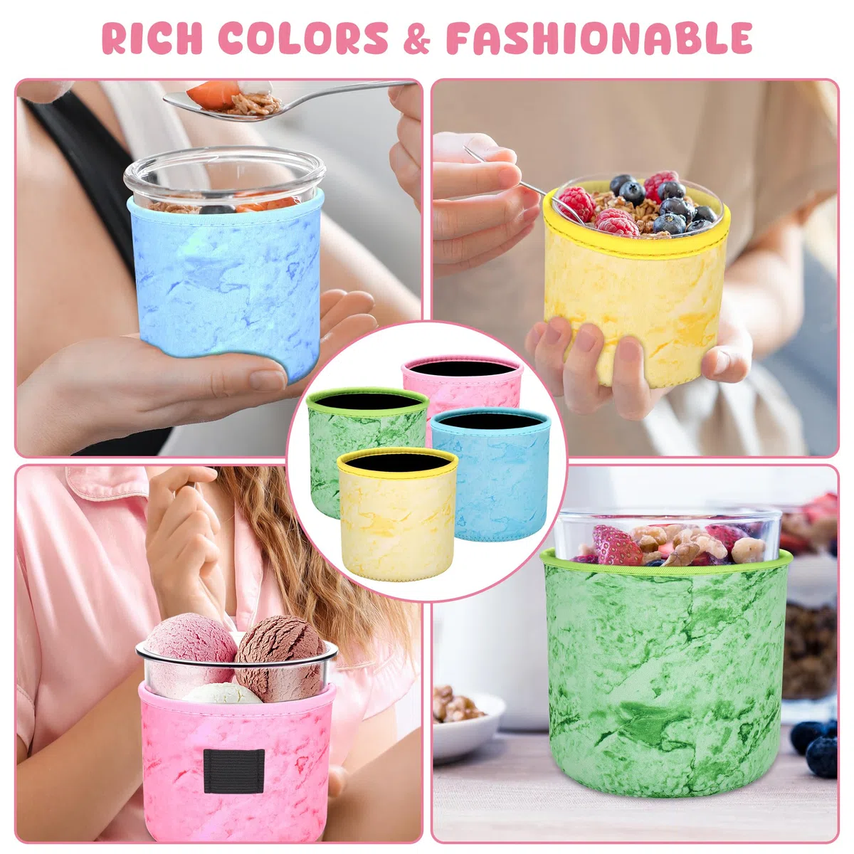 Hejo 4 Pezzi Custodie per Gelato in Neoprene per Ninja Creami DeluxeNC500 NC501 Serie,Maniche Isolate Riutilizzabili per Ninja Cream Deluxe Tubs,Manicotto per Ninja Coppe Gelato(24OZ)