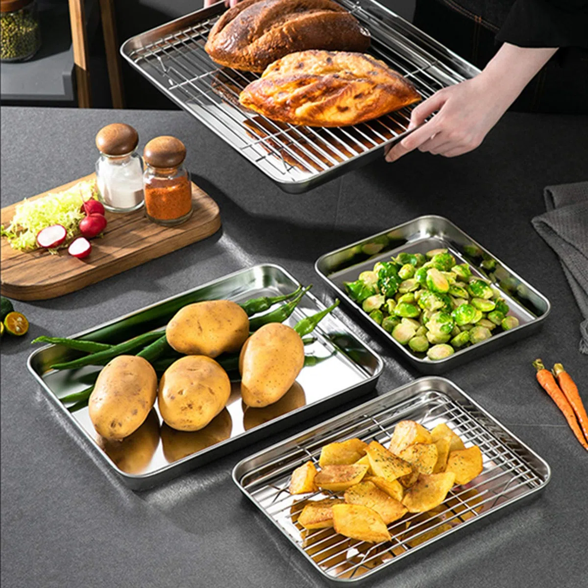 Estmoon Set di 2 teglie da forno in acciaio inox, per cuocere e arrostire, 40,5 x 30,5 x 2,5 cm, antiaderenti, antiruggine e lavabili in lavastoviglie, argento