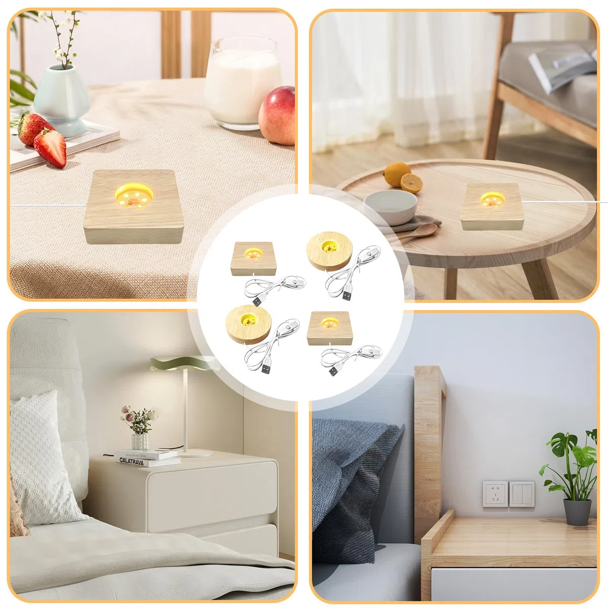 Nizirioo Base di Visualizzazione con Luci LED: 4 Pezzi in Legno, Espositiva Luminosa USB, Supporto da Tavolo Luce Calda per Vetro Acrilico (Rotondo + Quadrato)