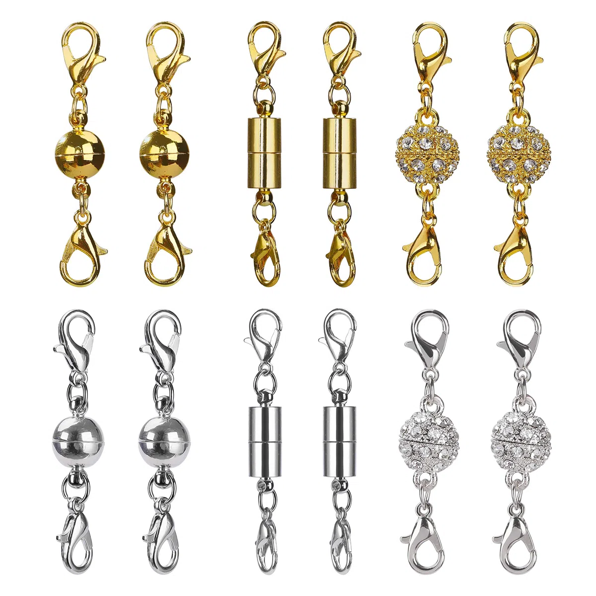 Magnetici Catenacci Chiusure di Aragosta Magnetica per la Collana del Braccialetto Gioielli Decor, Strass Palla Stile, Cilindrico e Palla Tono (Argento e Oro) 12 Pezzi