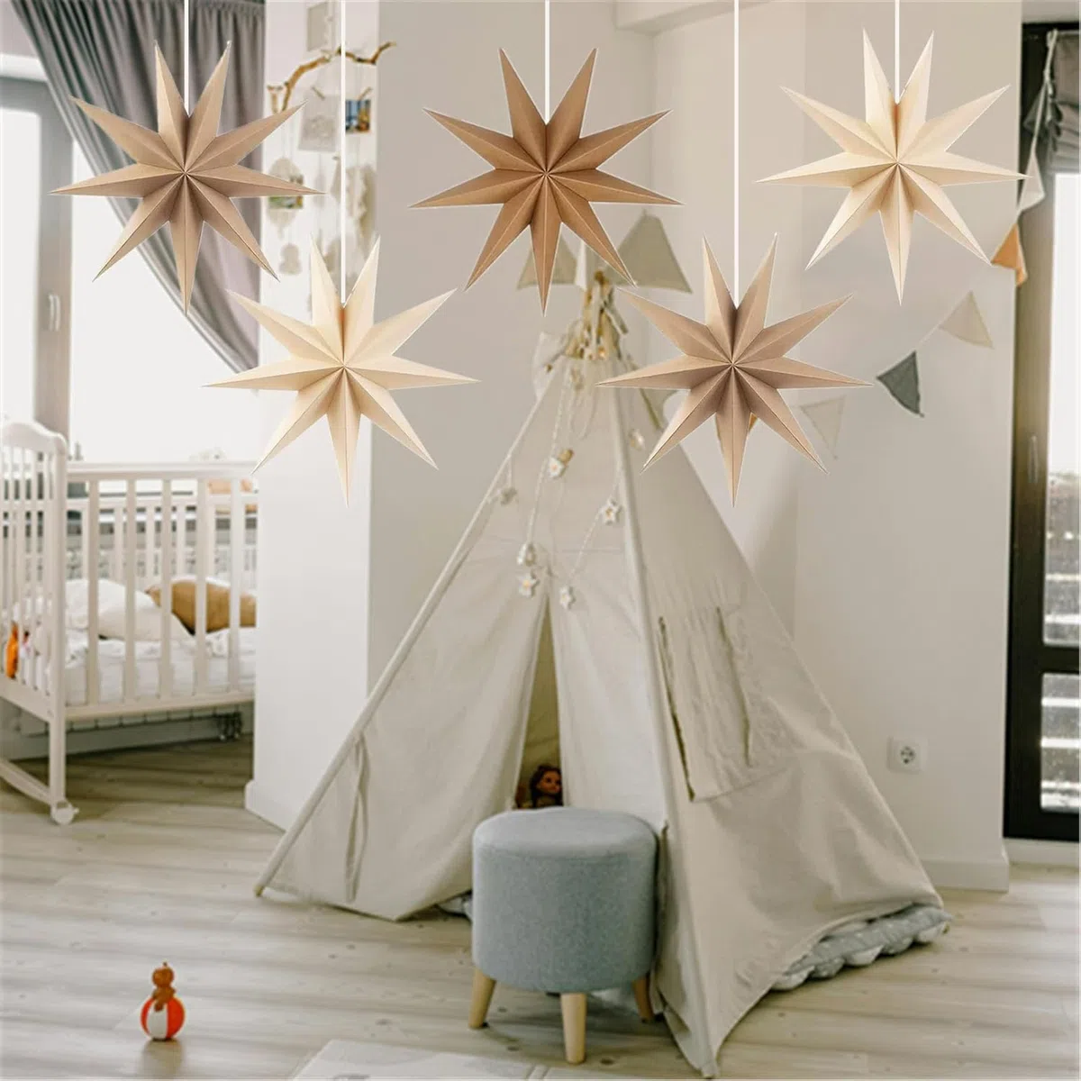 Set di 5 Stelle di Carta da Appendere, Decorazione Natalizia per Interni ed Esterni, Decorazione Natalizia, 30 cm, Stelle di Carta da Appendere, per Decorazioni Natalizie (Marrone set)