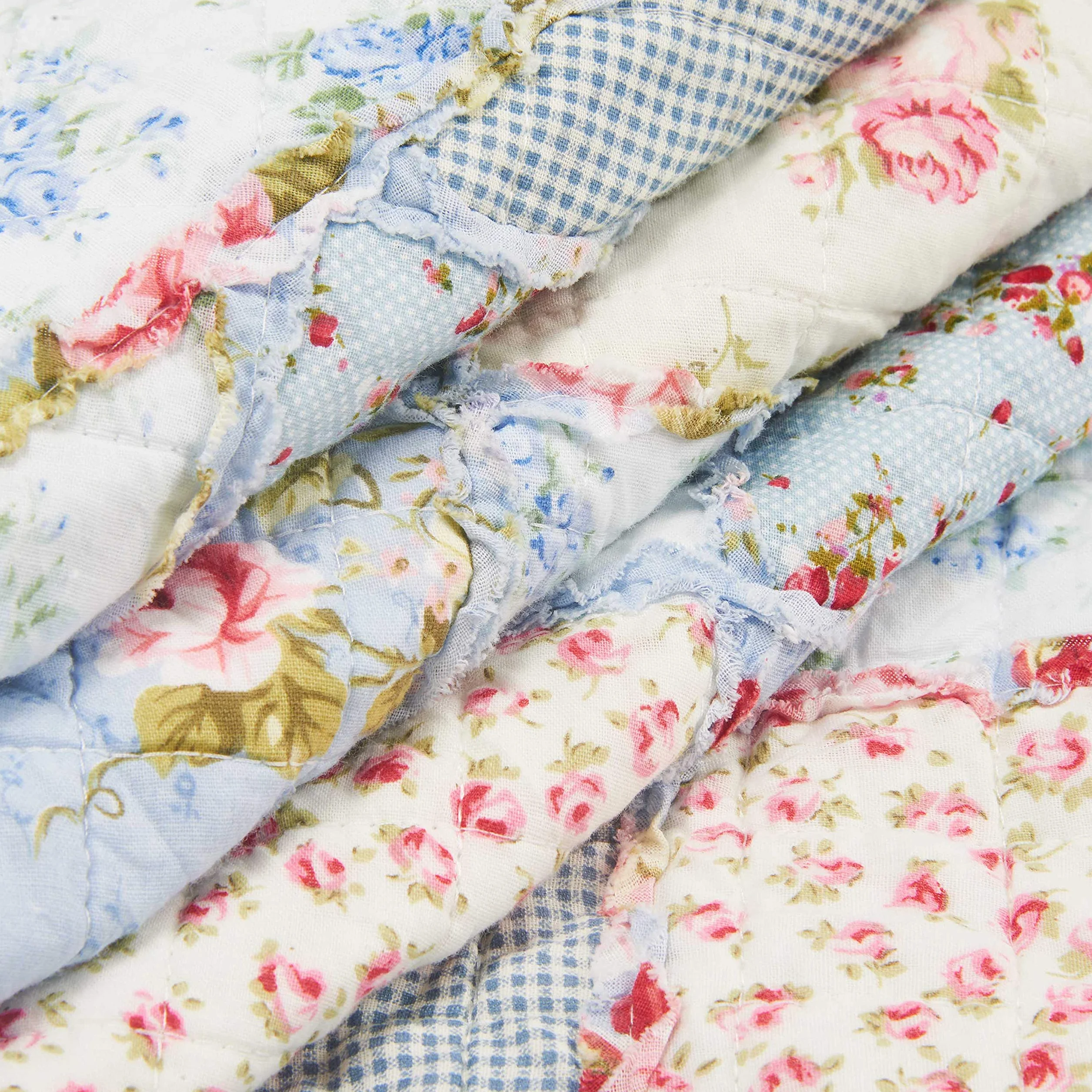 Qucover Patchwork Copriletto, Trapuntato Singolo 150x200 cm,Trapuntino per Primaverile Estivo Coperta in Cotone Shabby chic Stile Country Blu Floreale