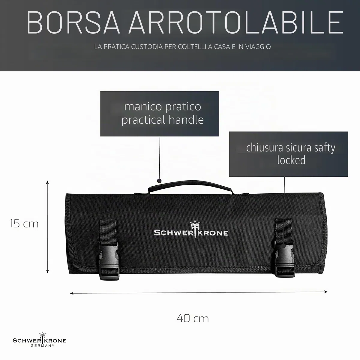 Schwertkrone Borsa per Set Coltelli da Macellaio - 6 Fessure, Organizzazione Perfetta, Tessuto Robusto - Porta Cotelli Rotolo - Nero