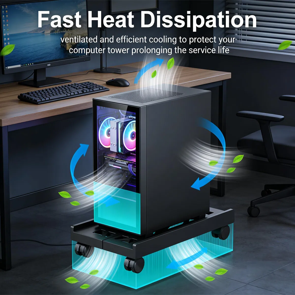 Supporto per PC con ruote, supporto per CPU mobile, accessori per computer, telaio principale, supporto mobile sotto scrivania per casa, ufficio, desk PC (nero)