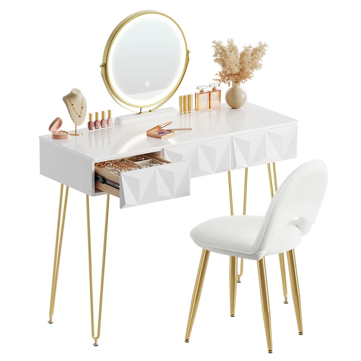 EUGAD Toeletta da Trucco con Luci LED, Luminosità Regolabile, Postazione da Trucco con Sedia in Velluto, con 3 Cassetti, Assemblaggio facile, Bianco e Dorato
