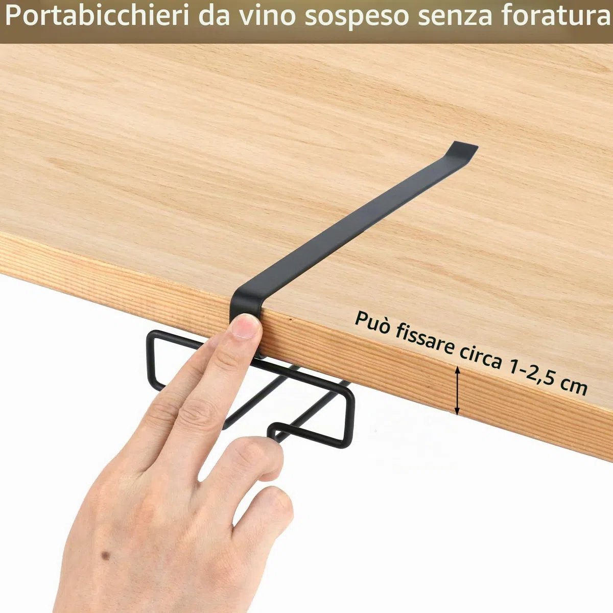 QWORK 2PCS Portabicchieri Sospeso, Porta Calici, Organizzatore per Bicchieri da Vino in Metallo Senza Foratura, Nero