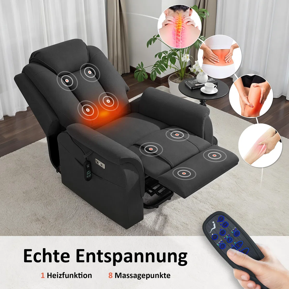 MCombo M poltrona da tv con assistenza elettrica per alzarsi, 2 ruote per mobilità, massaggio e riscaldamento, poggiatesta regolabile, cuscino in schiuma 35D 7269 (Grigio scuro-Microfibra)