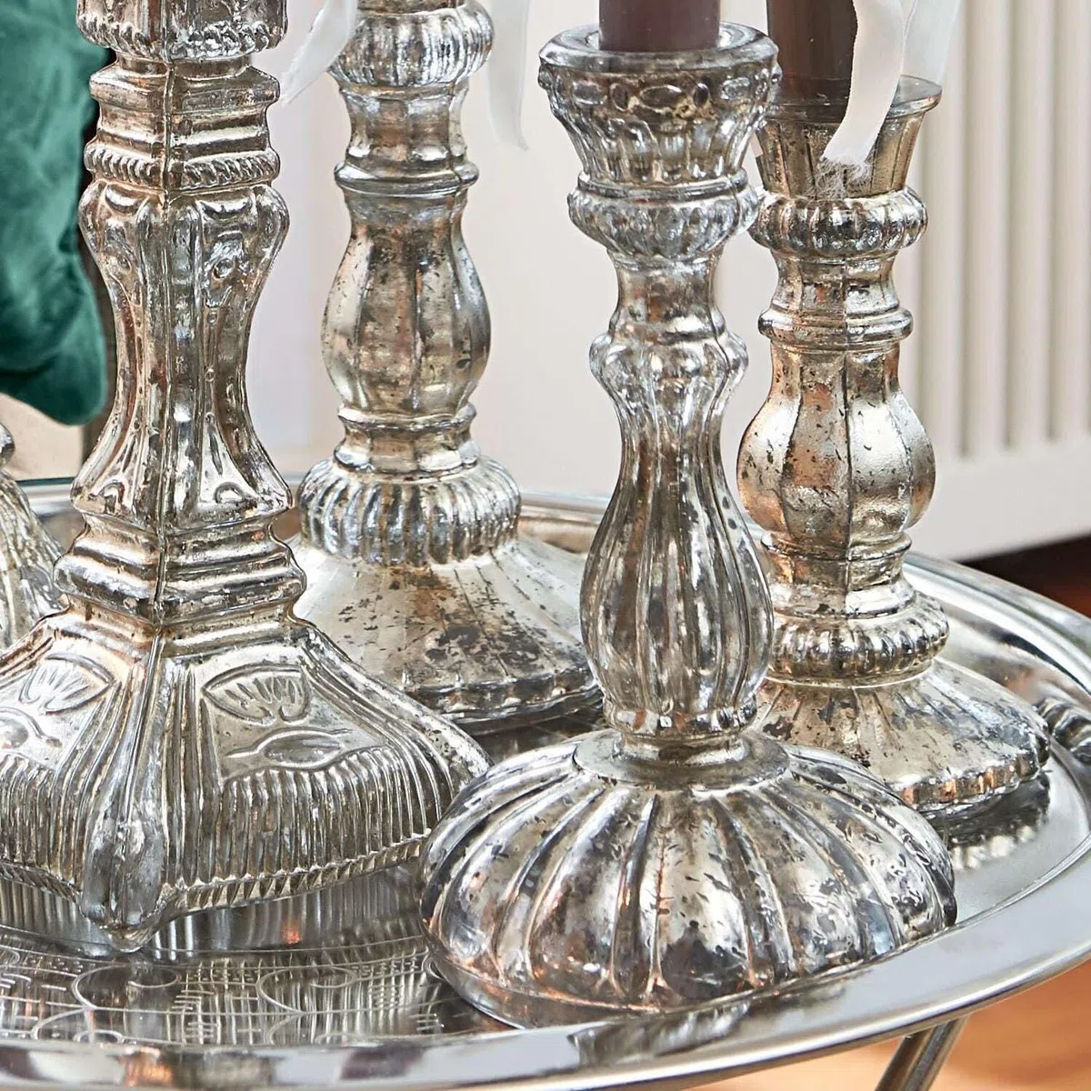 Loberon Adolpha Set di 6 portacandele - Sei Modelli Differenti - Romantico Stile Shabby Chic, Argento Antico