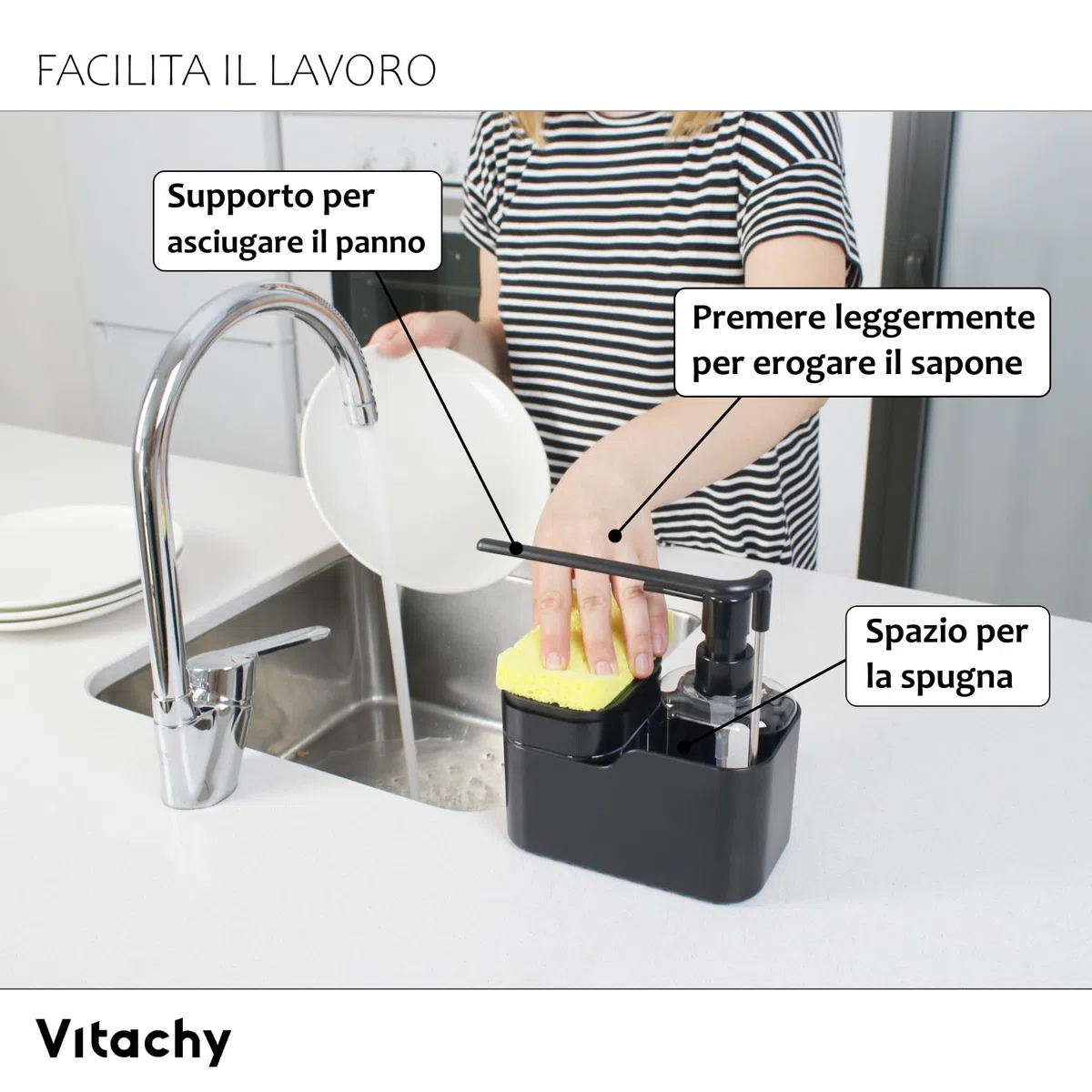 Dispenser Sapone Cucina Nero con Dosatore per Lavastoviglie e per Sapone per Mani. Organizzatore per Lavello con Supporto in Spugna Dish Soap Dispenser for Kitchen