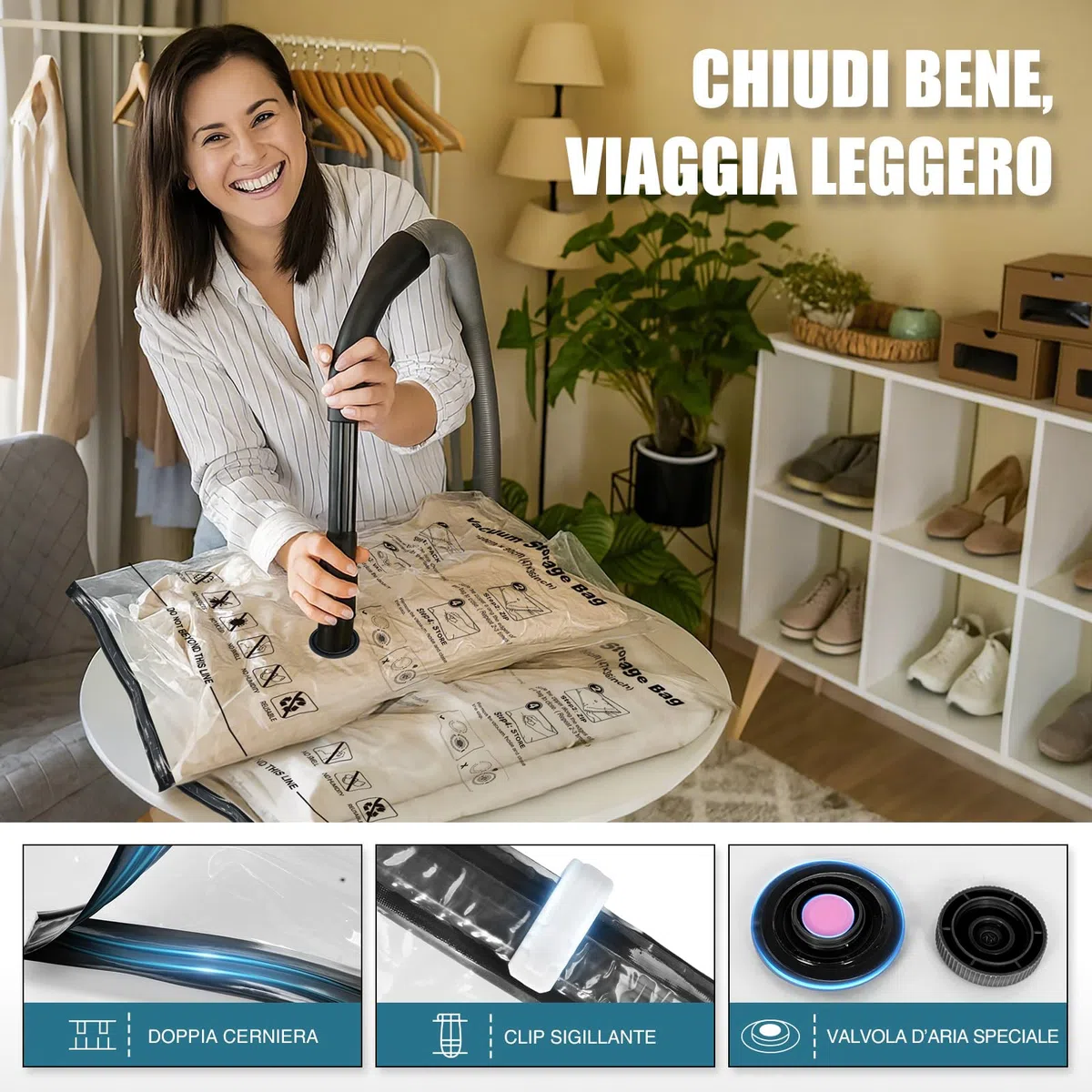 Accenter Sacchetti Sottovuoto Vestiti 5 Pezzi Sacchi Sottovuoto Piumoni 3XL 100x80cm 2L 80x60cm Buste Sottovuoto Vestiti Per contenere vestit, lenzuola, piumoni, cuscini e coperte