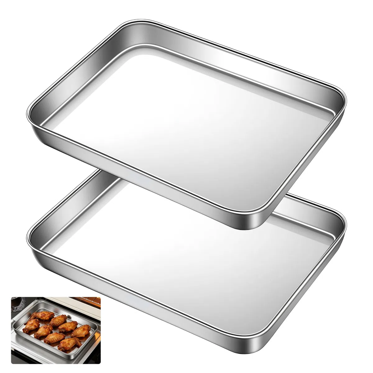 2 Pezzi Teglia Forno Acciaio Inox 23 X 17 X 2,5 cm, Teglie Da Forno In Acciaio Inox Rettangolari, Lucidate a Specchio e con Rivestimento Antiaderente, Facili da Pulire e Lavabili In Lavastoviglie