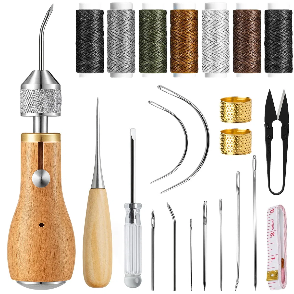 Sinofort 21 pezzi Set da Cucito in Pelle, Filo Cerato per Cuoio, Kit da Cucito in Pelle Professionale, Kit di Strumenti Artigianali in Pelle per Principianti, con Ago per Pelle, Punteruolo etc