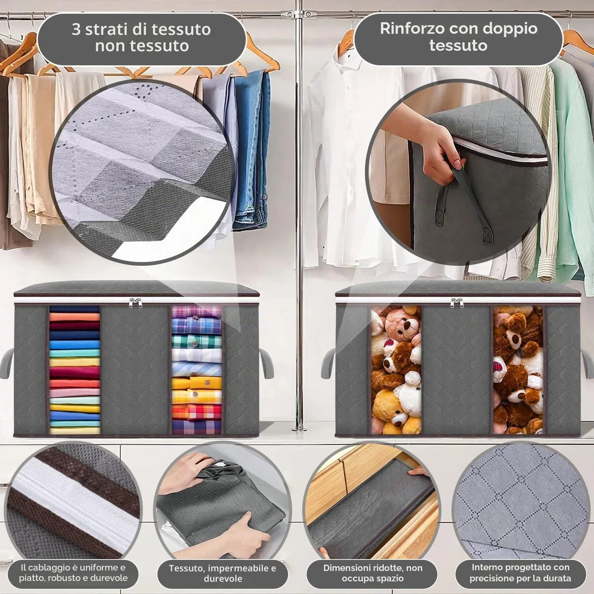 Frasheng Borsa portaoggetti, 6 pezzi da 85 l, organizer per guardaroba, scatole pieghevoli per vestiti, copriletti, biancheria da letto (grigio)