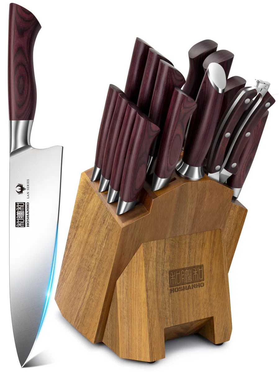 HOSHANHO Set di Coltelli da Cucina 18 Pezzi, Professionali Set Coltello da Chef in Acciaio Inossidabile Alto Tenore di Carbon, Coltello da Cucina Ultra Affilati con Affilatore