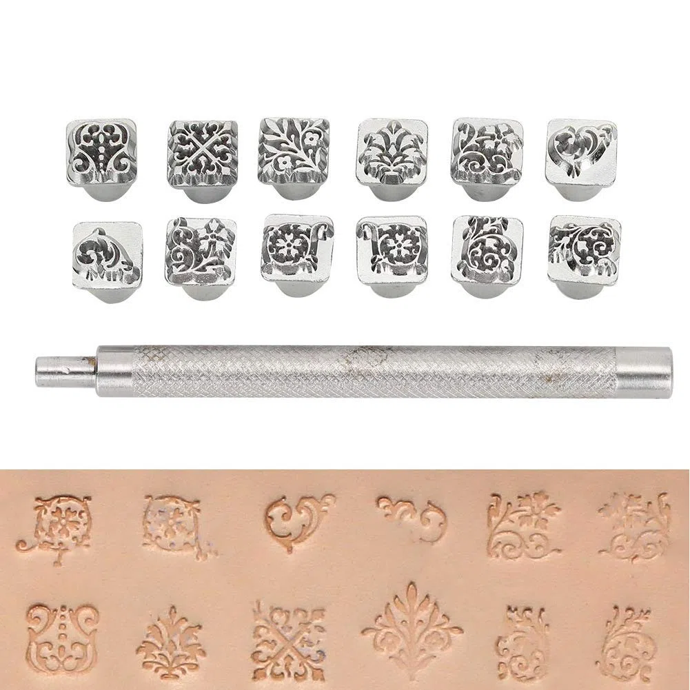 Set di Timbri per Goffratura in Pelle, 12 Pezzi Strumento per Punzonatura per Timbratura Fiore della Dinastia Tang Timbro per Pelle Vegetale Fai-da-te + 1 Pezzo Manico in Metallo