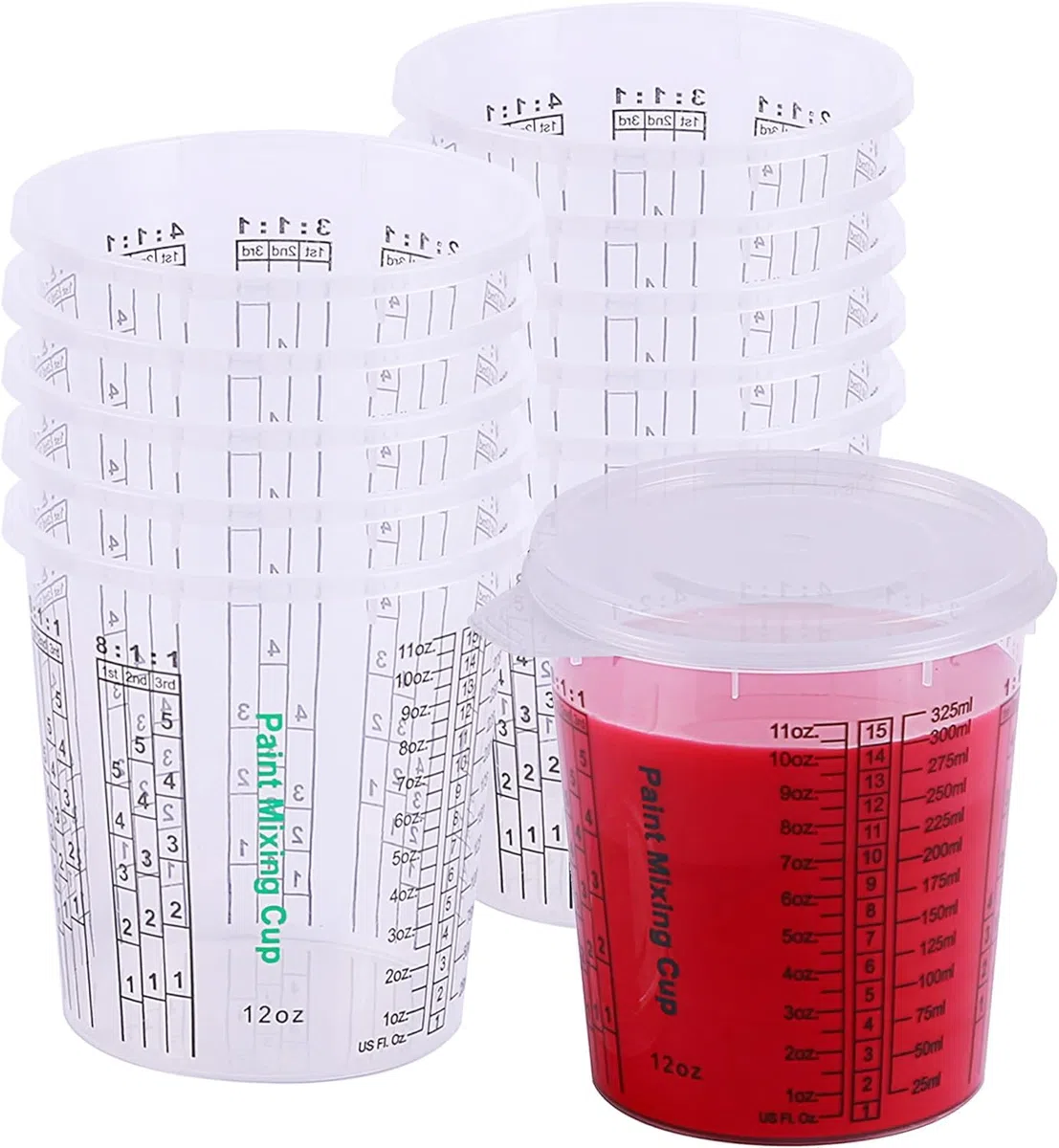 CANOPUS Premium Misurini in Plastica, 360ml (12 Pacco) Bicchieri per Vernice per Epossidica e Resina, Bicchiere di Miscelazione di Plastica per Progetti Auto, Eartistici, Uso Cucina, con 3 Coperchi