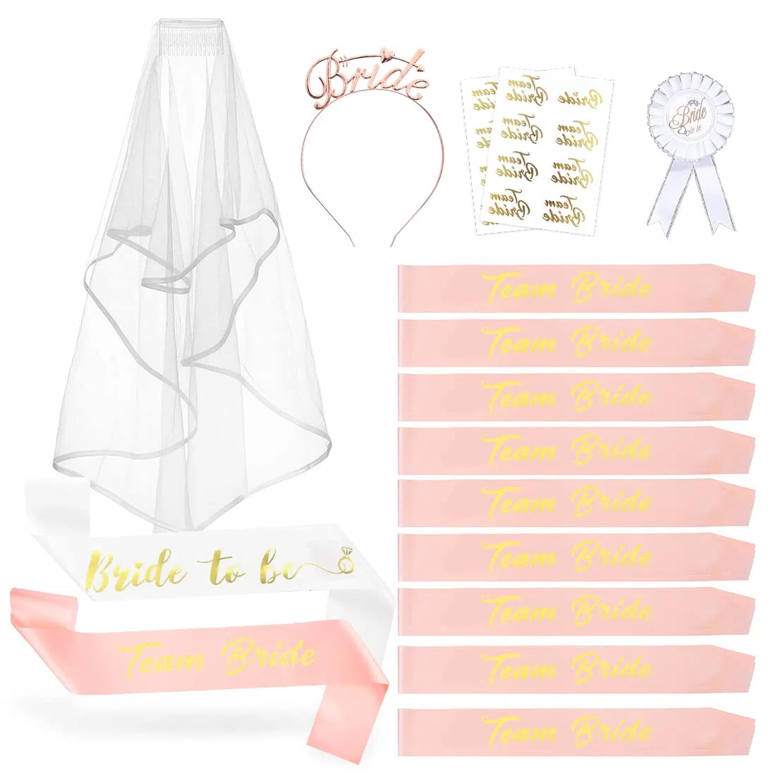 Zaloife 16 Pezzi Bride to Be Decorazioni, 1 Sposa di Essere Fascia, 10 Team Sposa Fasce, Velo Distintivo Cerchietto Tatuaggi, Sposa Decorazione per la Notte delle Ragazze