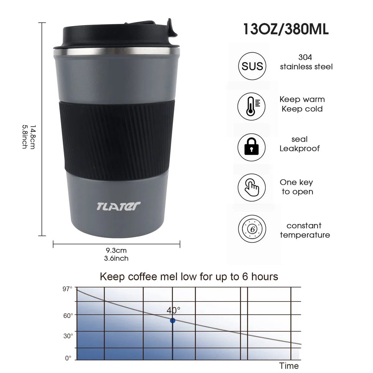 Tlater Tazza da viaggio isolata da 380 ml, con coperchi a tenuta stagna, tazza da viaggio per caffè, tazza da viaggio a doppia parete in acciaio inox, per bevande calde e fredde, caffè, acqua e tè