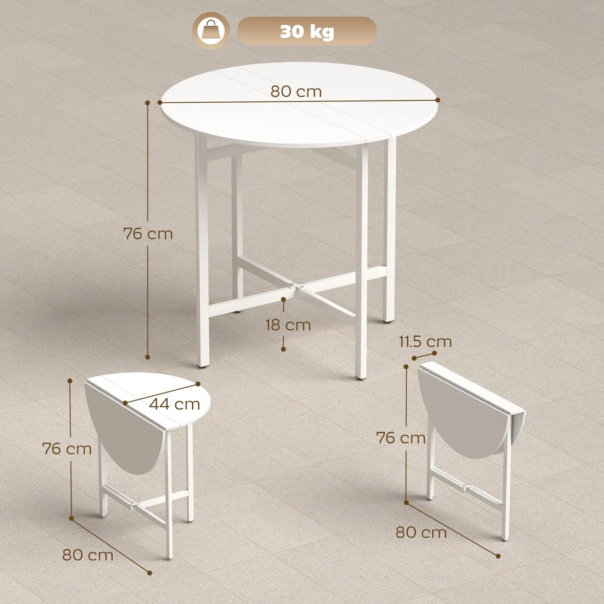 HOMCOM Tavolo da Pranzo Rotondo Pieghevole per 2-4 Persone, Ø80 cm Tavolo Cucina a Ribalta con Gambe a X in Acciaio, Salvaspazio per Soggiorno Sala da Pranzo, Bianco