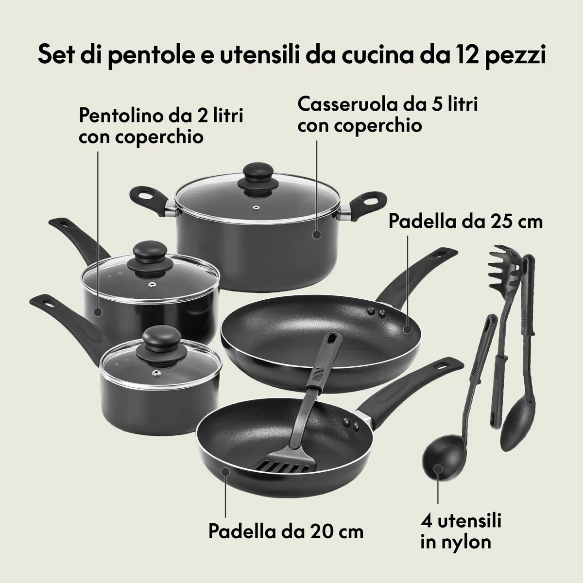 bella Set di pentole, 12 pentole e padelle con utensili, antiaderenti, senza PFOA, antigraffio, superficie di cottura compatibile con tutti i fornelli, nylon e alluminio, nero
