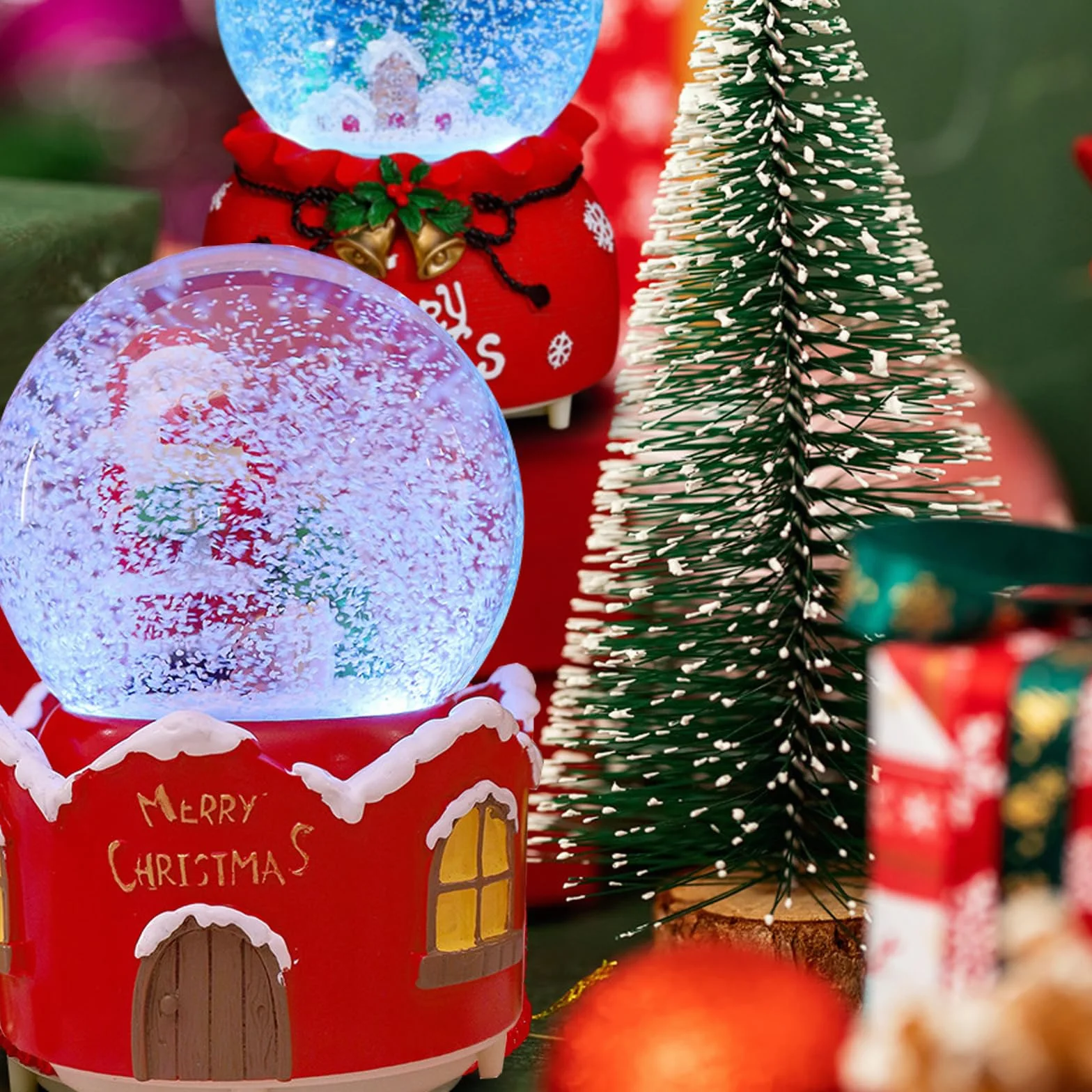 Palla di Neve Natale,Carillon Natalizio a Forma Palla di Neve con Babbo Natale,Musicale Natalizio con Neve Decorazione Ornamento Regali di Natale per Bambini (B)