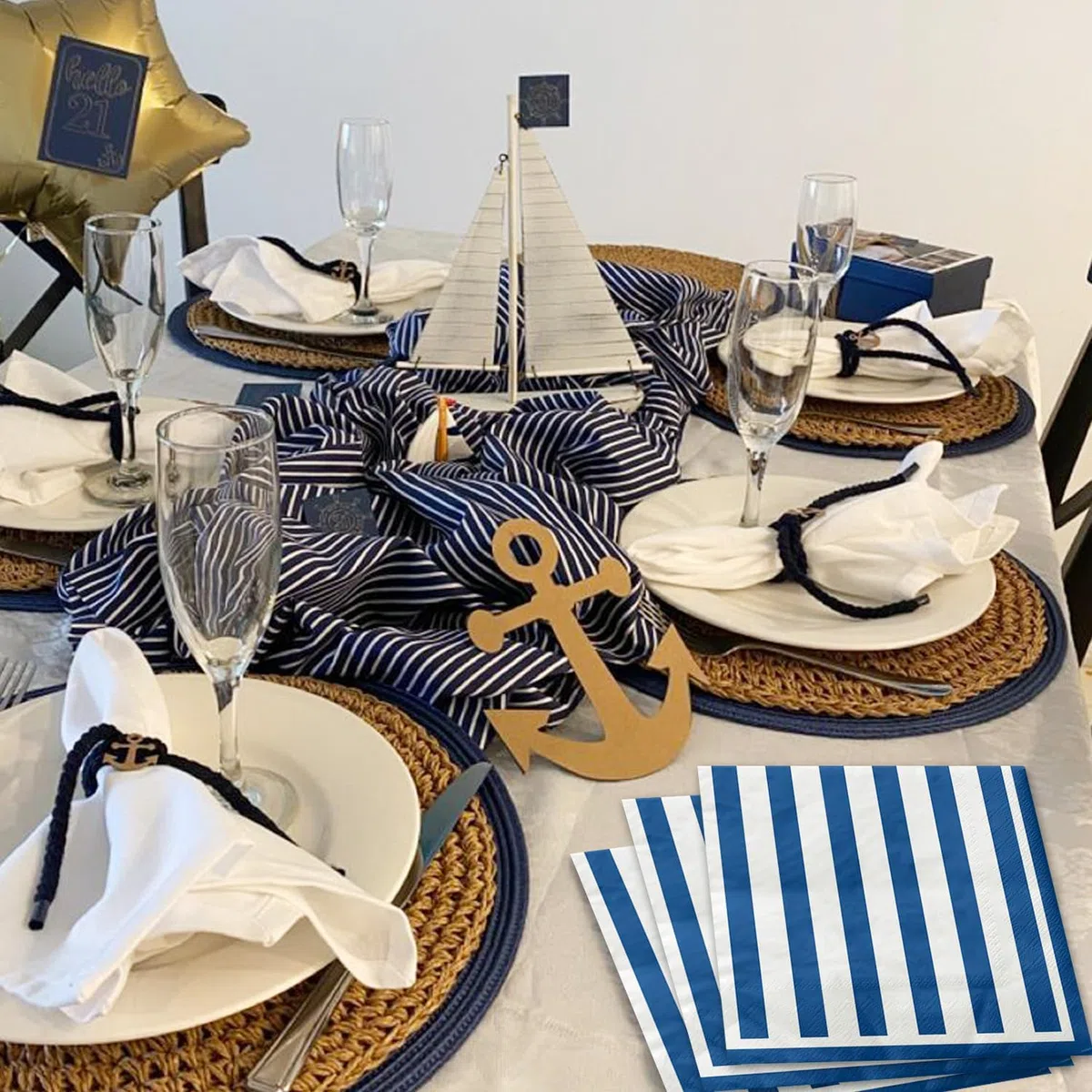 100 Tovaglioli Di Carta A Righe Blu E Bianche, Blu Navy E Bianco, Per Cocktail, Bevande, Pranzo, Per Ragazzi, Uomini, Compleanni, Matrimoni, Baby Shower