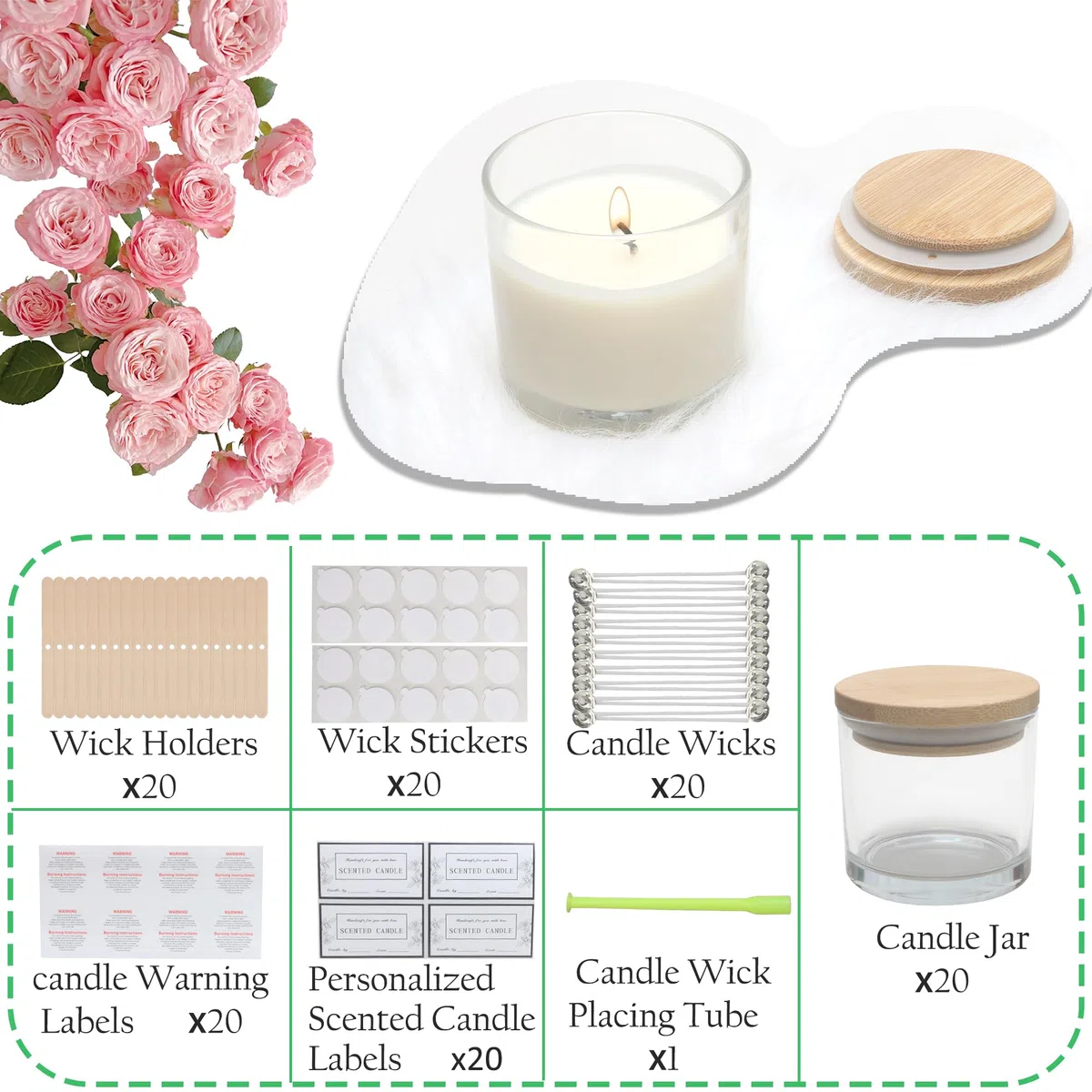MILIVIXAY Set di 20 barattoli per candele in vetro trasparente da 113 ml con coperchi e kit per la creazione di candele - Barattoli per candele vuoti sfusi per la creazione di candele - Contenitori
