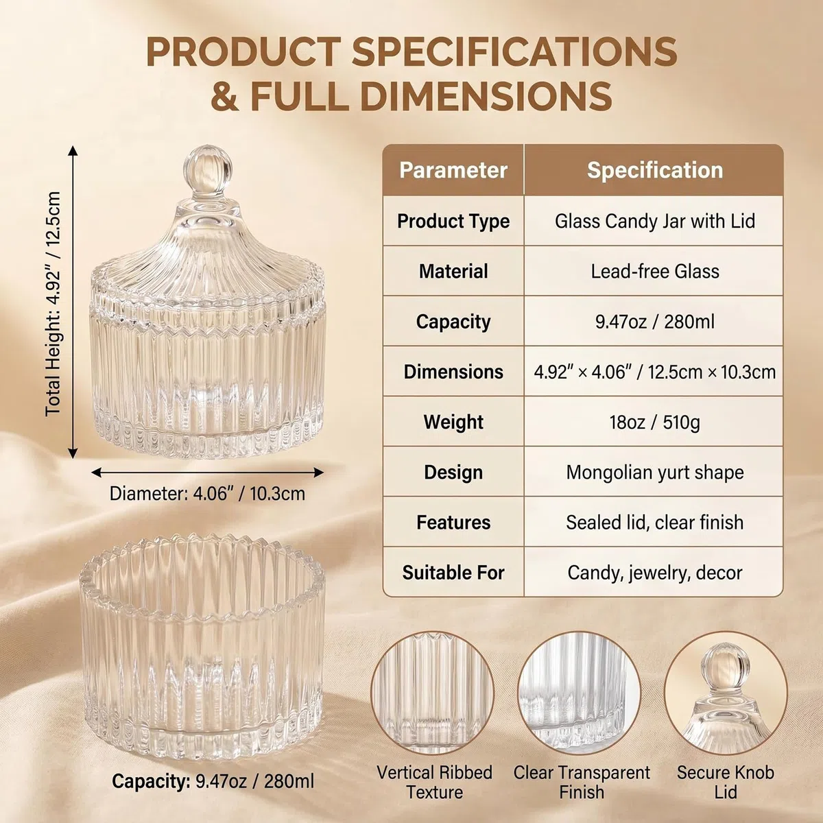 Elegante barattolo di cristallo con coperchio, 300 ml, con coperchio, decorazione per caramelle, in vetro, a forma di tenda, per biscotti, matrimoni, caramelle, buffet, ideale come regalo per casa