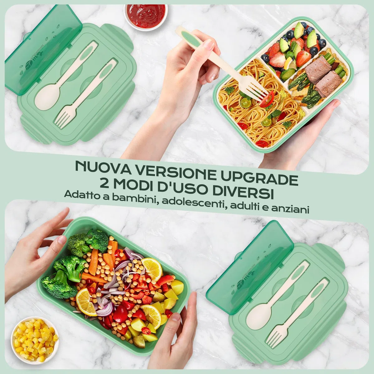 BIBURY Porta Pranzo, Lunch Box Prova di Perdite per Bambini e Adulti, Bento Box con 3 Scomparti e Posate(Forchetta e Cucchiaio), Portapranzo, Sicuri per Microonde e Lavastoviglie - Verde