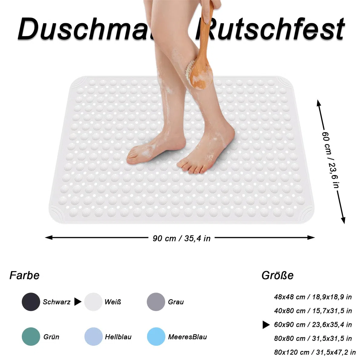 Tappetino da doccia antiscivolo, 60 x 90 cm, con ventosa, tappetino da doccia lavabile in lavatrice, tappetino antiscivolo in PVC, tappetino antiscivolo per sauna, con 2 ganci, bianco